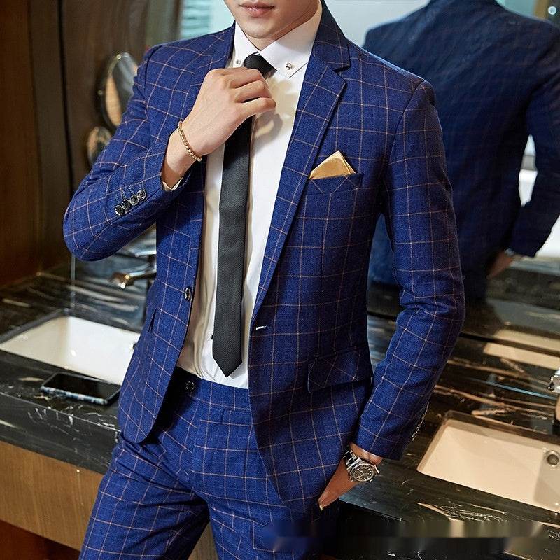 Men's Korean-style Business Suit Slim-fit Plaid Casual Wear gents suit Distinguished Fine Apparel Blue Suit L