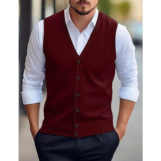 Men’s Wool Knit Sleeveless Vest – Solid Color Casual Cardigan for All Seasons gents top Distinguished Fine Apparel Wine Red M