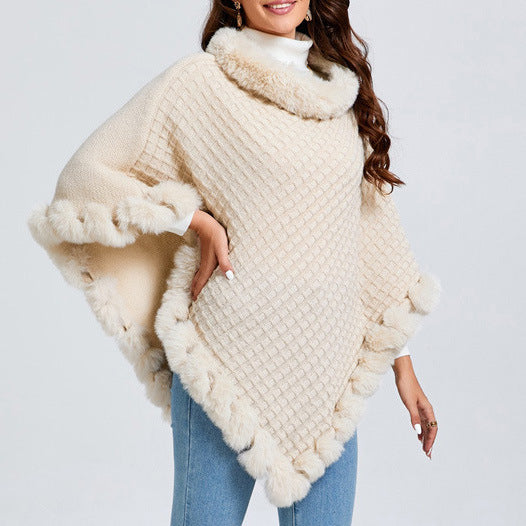 Women's Shawl Cape Luxury Rabbit Fur Collar - Graceful Cloak Outerwear lady's shawl Distinguished Fine Apparel