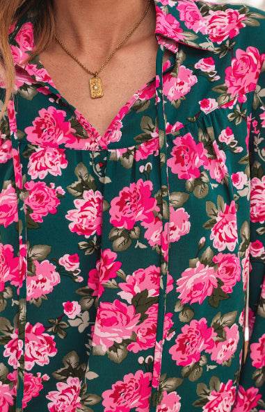 Beautiful Ladies Green Floral Printed Puff Sleeve Blouse - Puff Sleeve Elegance ladys shirt Distinguished Fine Apparel