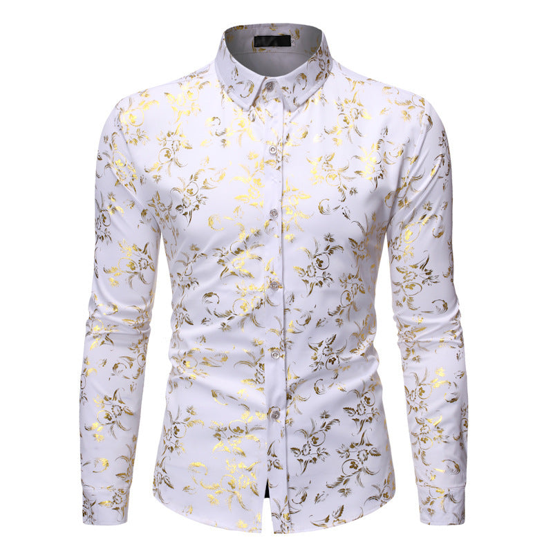 Men's Basic Style Bronzing Flower Shirt men's shirt Distinguished Fine Apparel White L