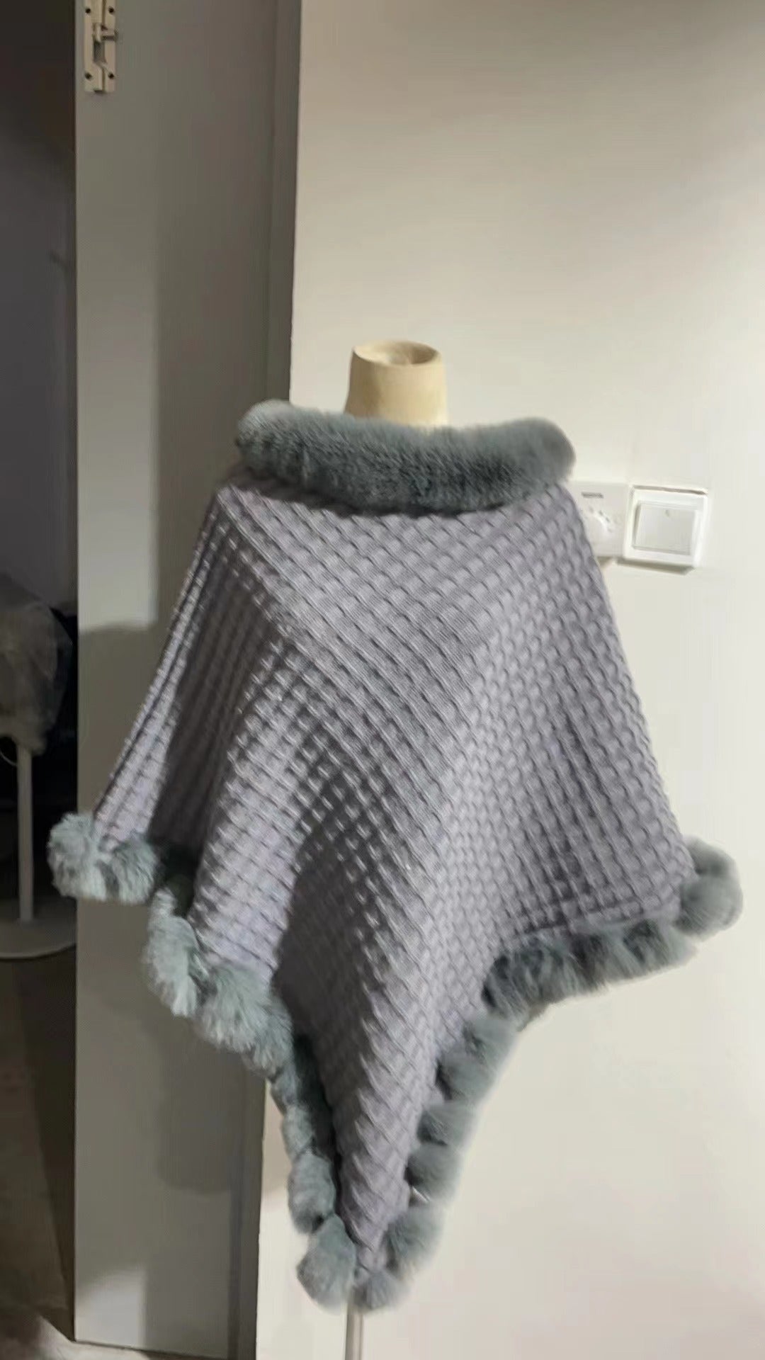Women's Shawl Cape Luxury Rabbit Fur Collar - Graceful Cloak Outerwear lady's shawl Distinguished Fine Apparel Gray