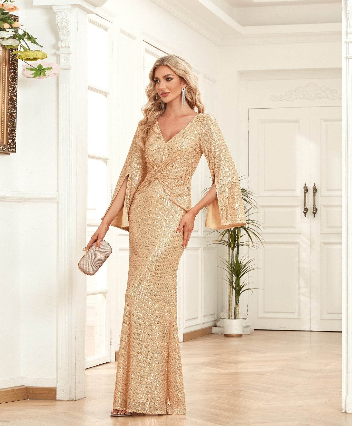 Gold Sequin Slim Fishtail Evening Dress – Bridesmaid & Banquet Elegance ladys gown Distinguished Fine Apparel