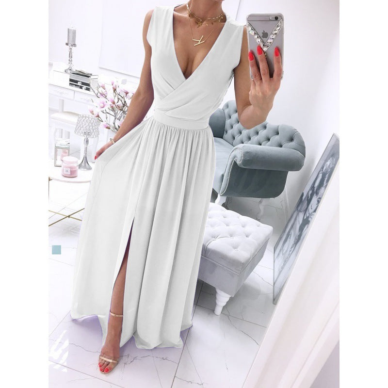 Women's Summer Sleeveless And Ankle Skirt - White - V-neck, Front Split, Long Dress ladys dresses Distinguished Fine Apparel White 2XL