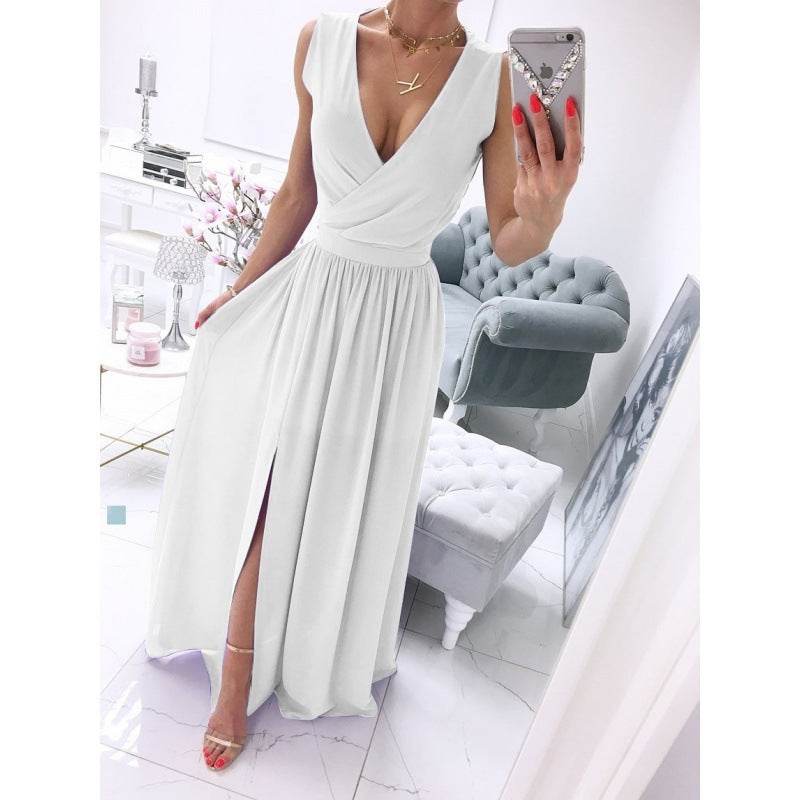 Women's Summer Sleeveless And Ankle Skirt - White - V-neck, Front Split, Long Dress ladys dresses Distinguished Fine Apparel White S