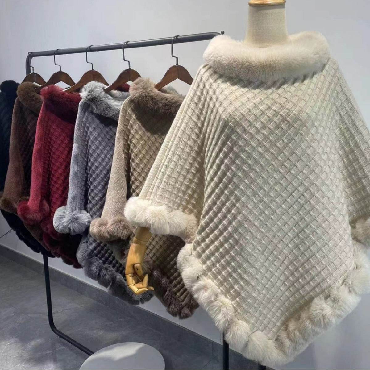 Women's Shawl Cape Luxury Rabbit Fur Collar - Graceful Cloak Outerwear lady's shawl Distinguished Fine Apparel