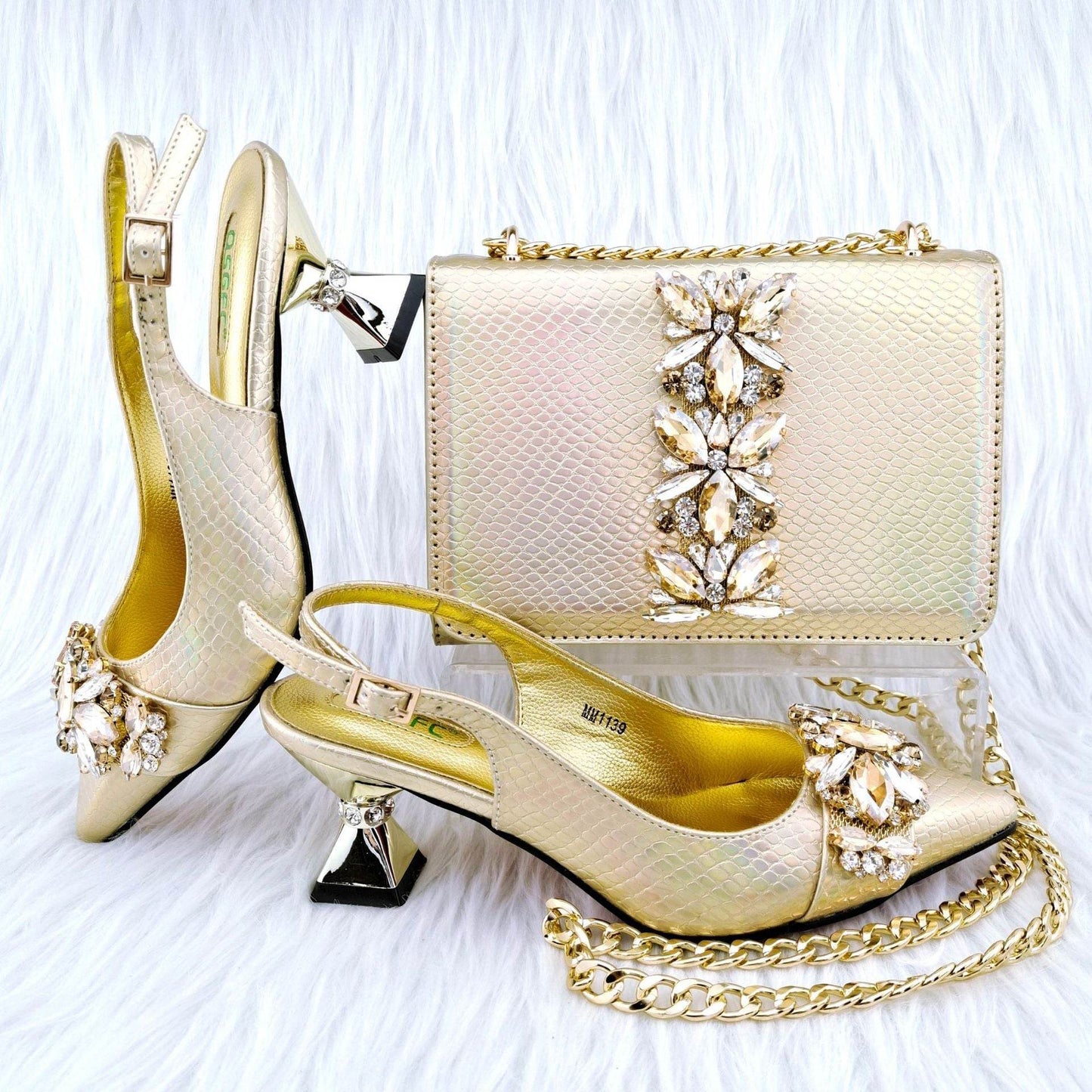 French Elegance Stiletto Heel & Convertible Handbag Set – Sophisticated Style Made Simple ladys foot wear Distinguished Fine Apparel Gold 38