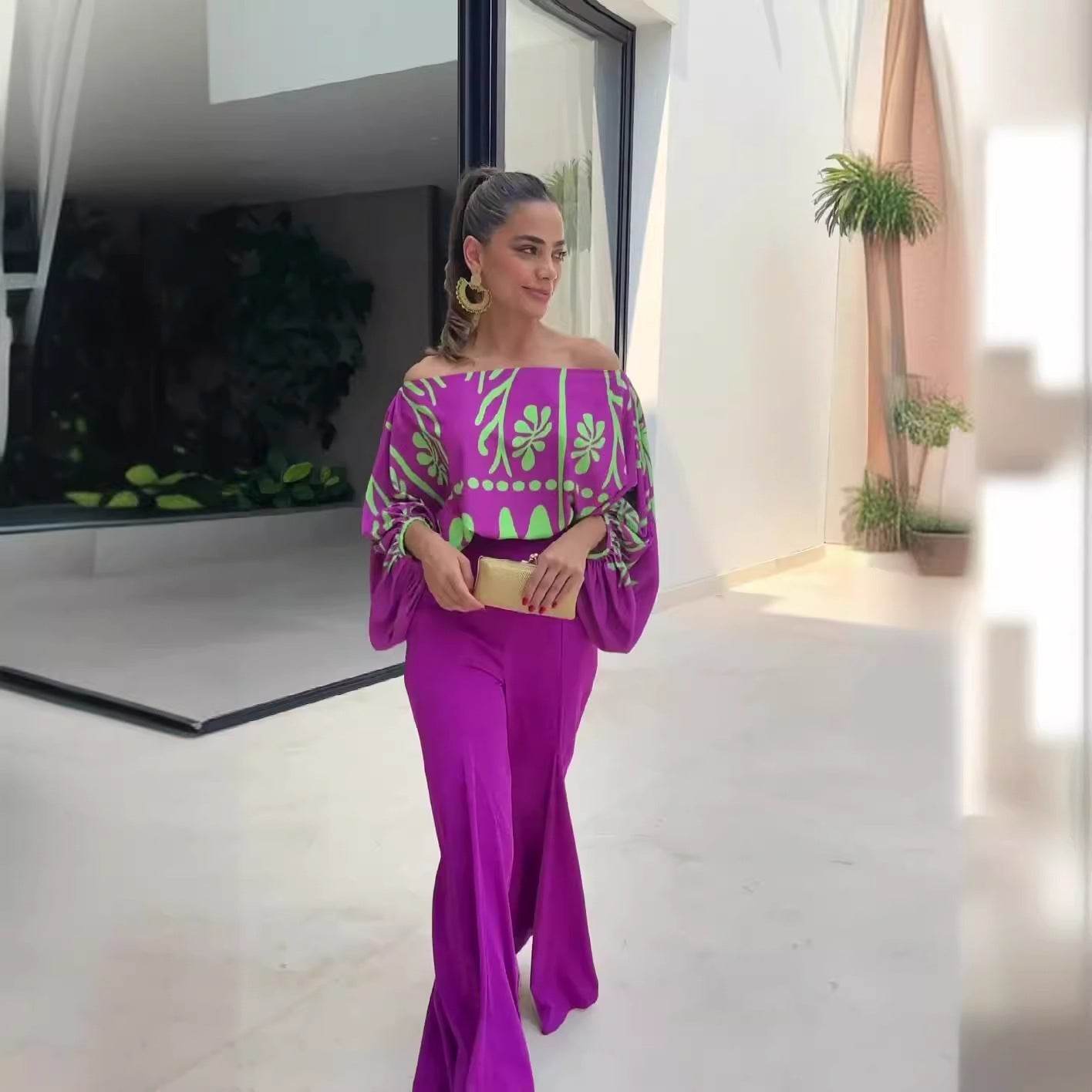 Women's Printed Summer Top and Wide-leg Pants Set - Absolutely Beautiful ladys pants Distinguished Fine Apparel