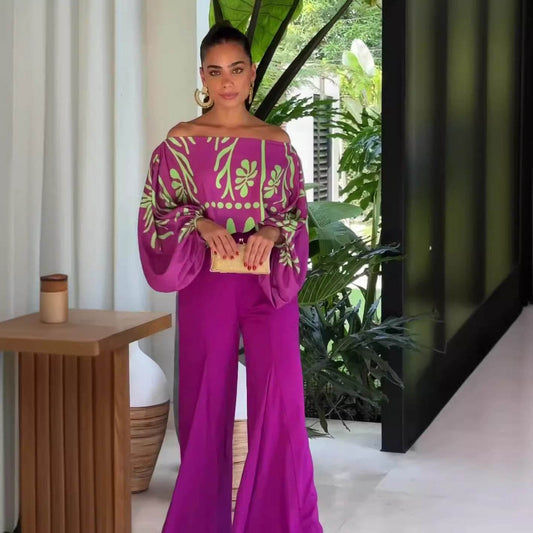 Women's Printed Summer Suit: Beautiful Top and Wide-leg Pants Set ladys pants Distinguished Fine Apparel