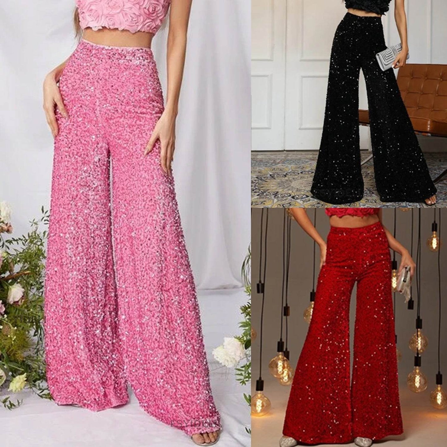 European And American Pure Sequins Fashion Pants for Women - Ladies Casual Wide-leg Pants ladys pants Distinguished Fine Apparel