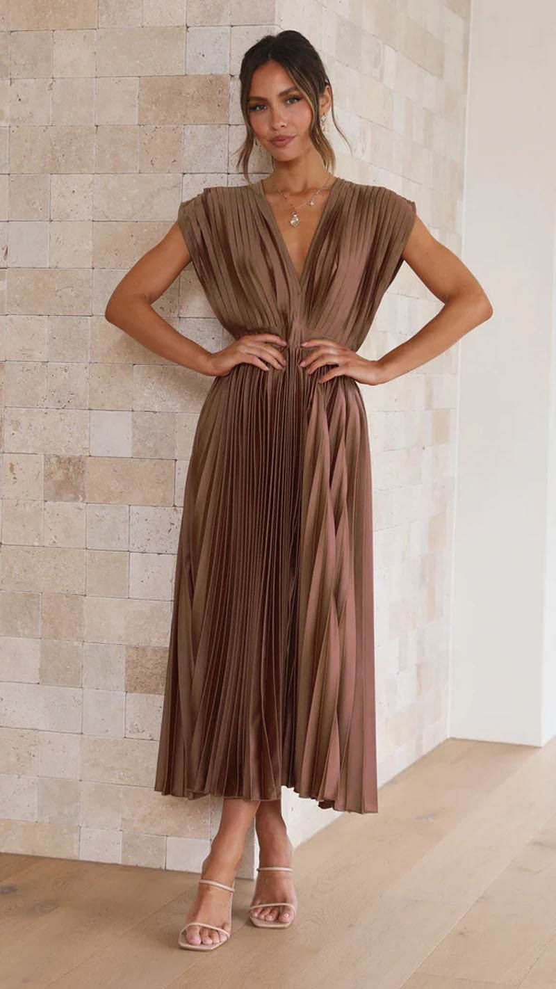 Elegant Ladies Pleated Dress - Distinguished Refined Summer Boutique Piece lady's dresses Distinguished Fine Apparel Brown L