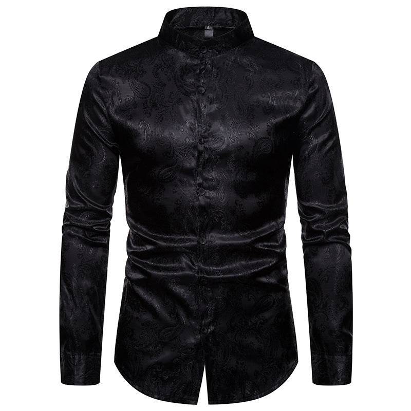 Men's Long Sleeved Shirt - High-end Cashew Flower Lapel Design Men's Shirts Distinguished Fine Apparel Black 2XL