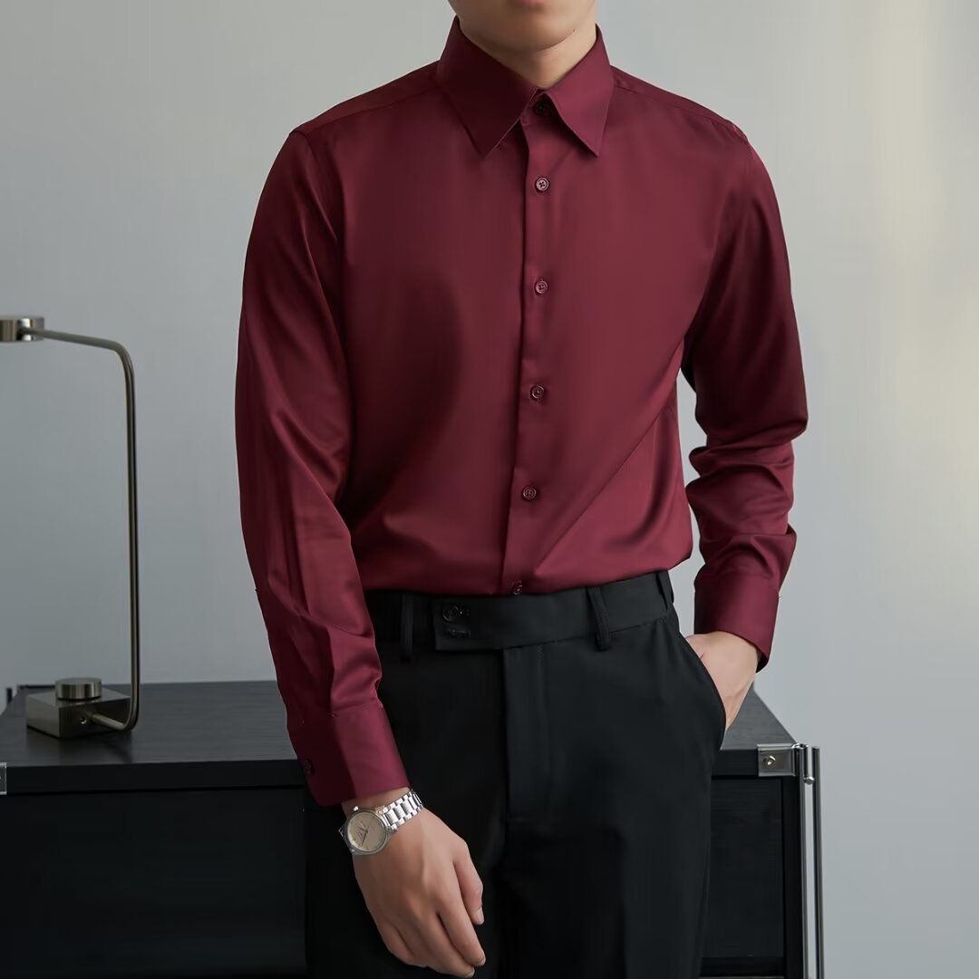 Autumn Black Shirt Men's Long Sleeve Slim Korean Style gents Shirts Distinguished Fine Apparel Wine Red 2XL