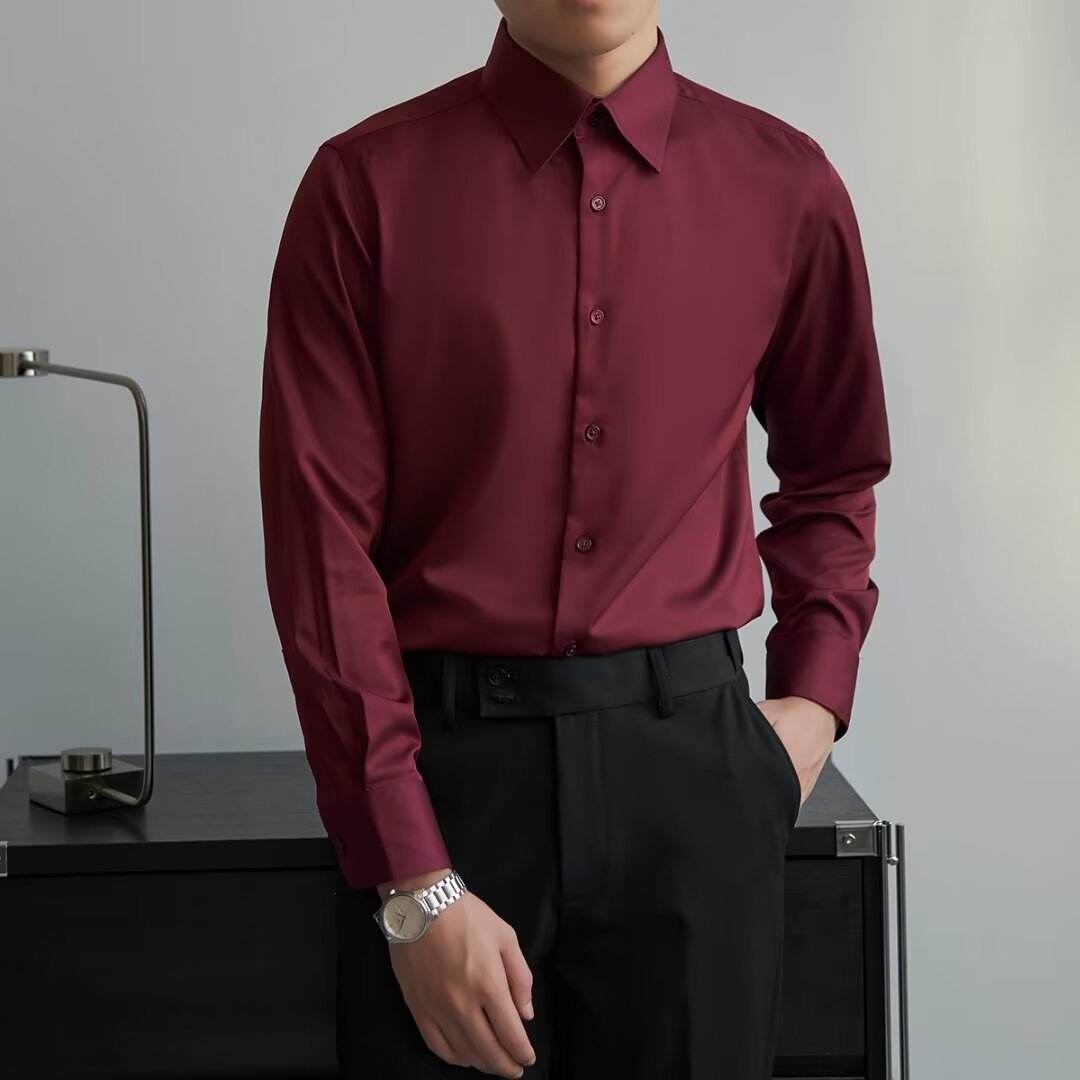 Autumn Black Shirt Men's Long Sleeve Slim Korean Style gents Shirts Distinguished Fine Apparel Wine Red S