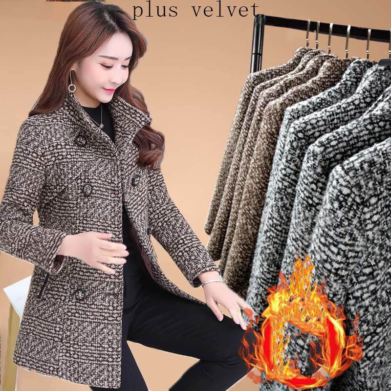 Thick Plaid woolen coat - Professional women's Over Coat ladys coats Distinguished Fine Apparel Coffee plus velvet 4XL