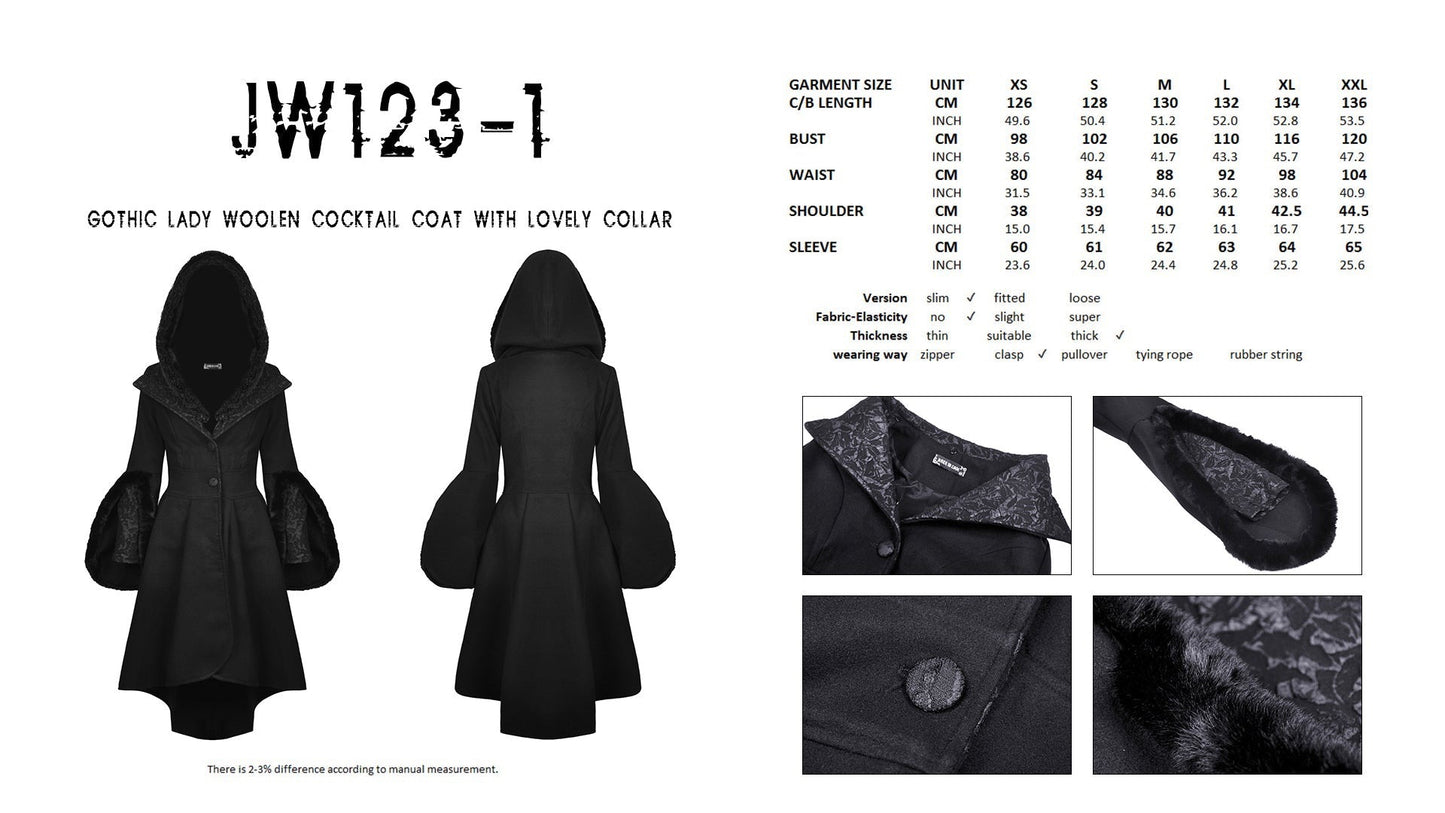 Gothic lady woolen cocktail coat with lovely collar, including measurements and fabric texture details.