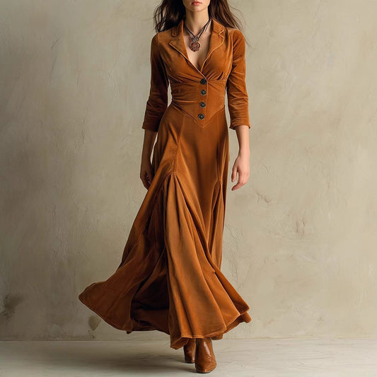 Maxi Dress - Light Brown - Buttons Lapel - 3/4 Sleeve