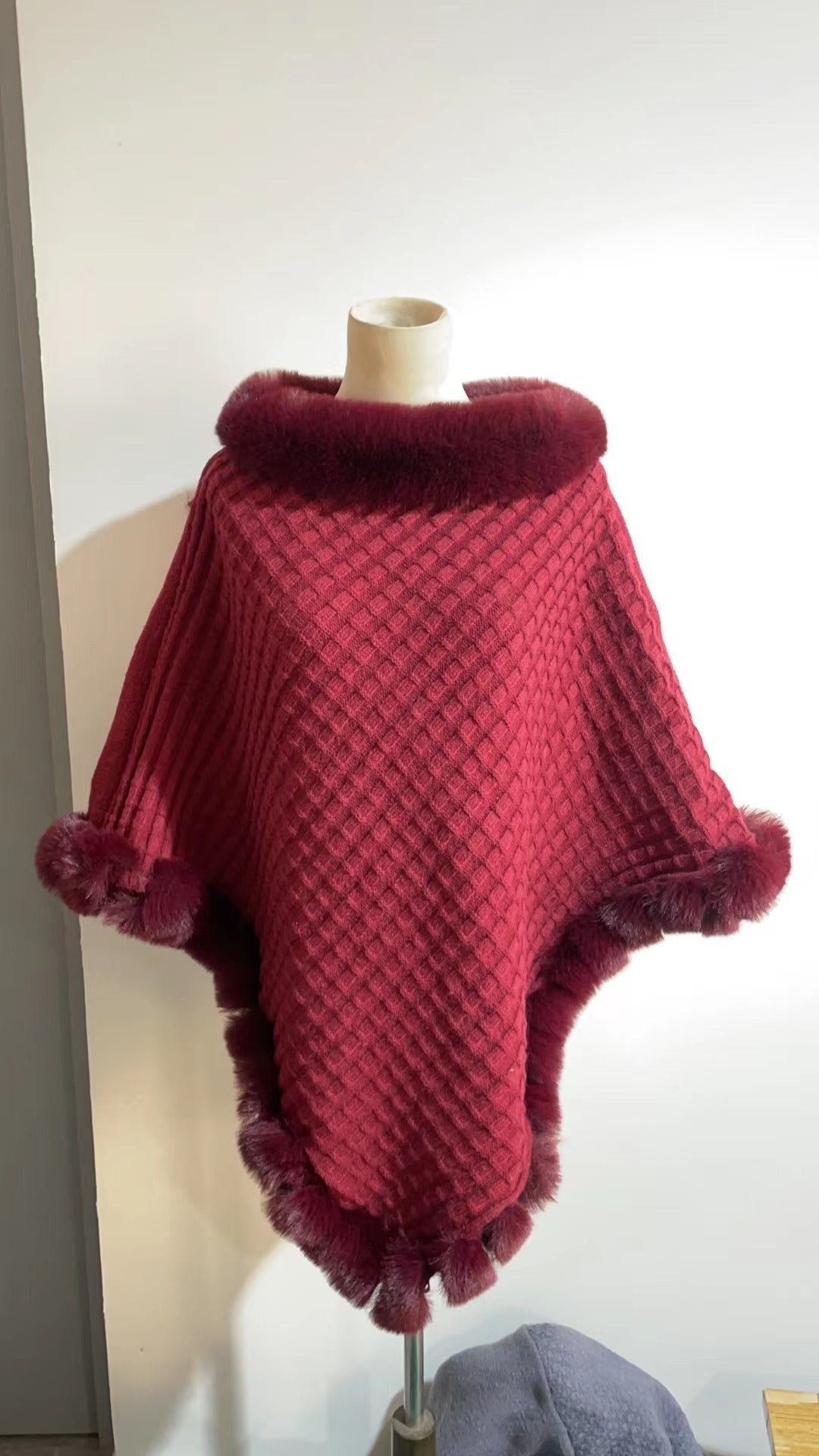 Women's Shawl Cape Luxury Rabbit Fur Collar - Graceful Cloak Outerwear lady's shawl Distinguished Fine Apparel Wine Red