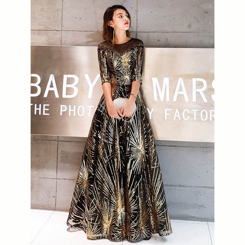 Gold Sequined Crystal Robe De Soirée – Glamorous Women's Evening Gown lady's dresses Distinguished Fine Apparel