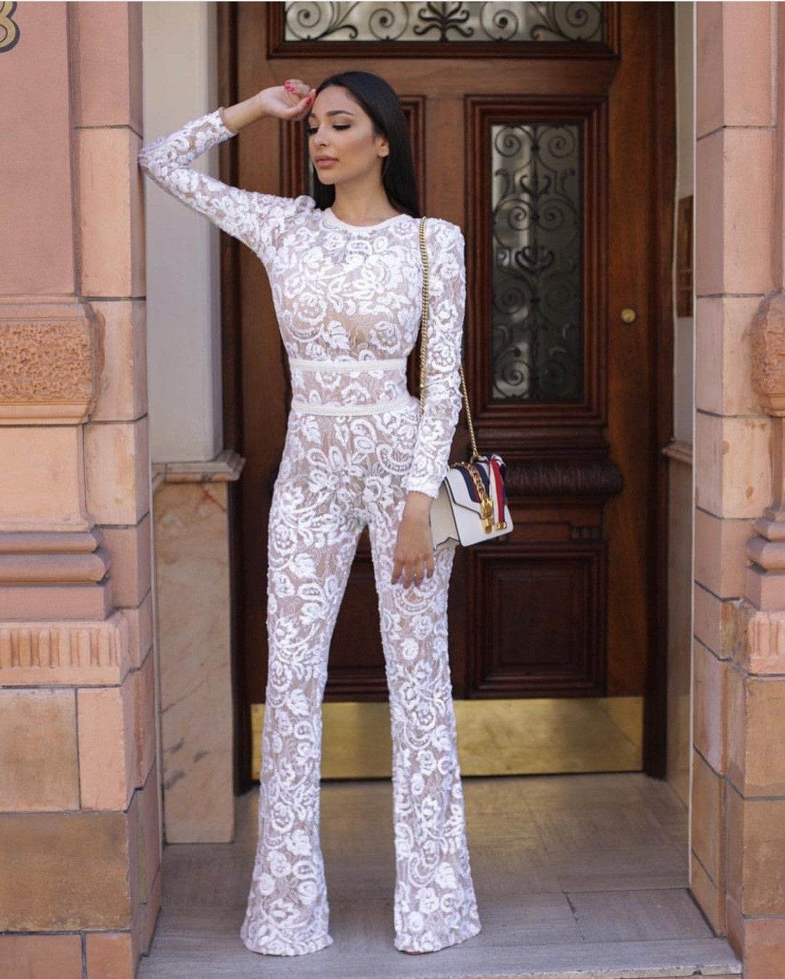 Elegant Ladies One Piece Embossed lace Suit - Flared Boot Leg - Exquisite ladys suit Distinguished Fine Apparel