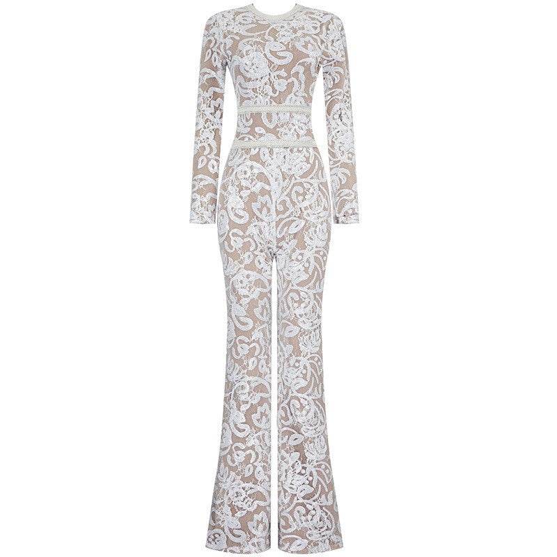 Elegant Ladies One Piece Embossed lace Suit - Flared Boot Leg - Exquisite ladys suit Distinguished Fine Apparel