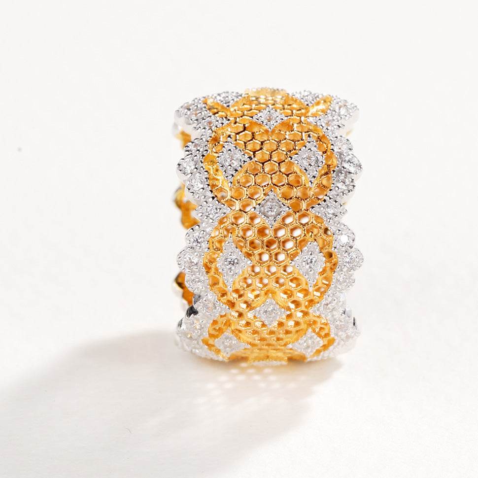 Honeycomb Hollow Ring – 925 Silver Gold-Plated Elegance for Women ladys ring Distinguished Fine Apparel