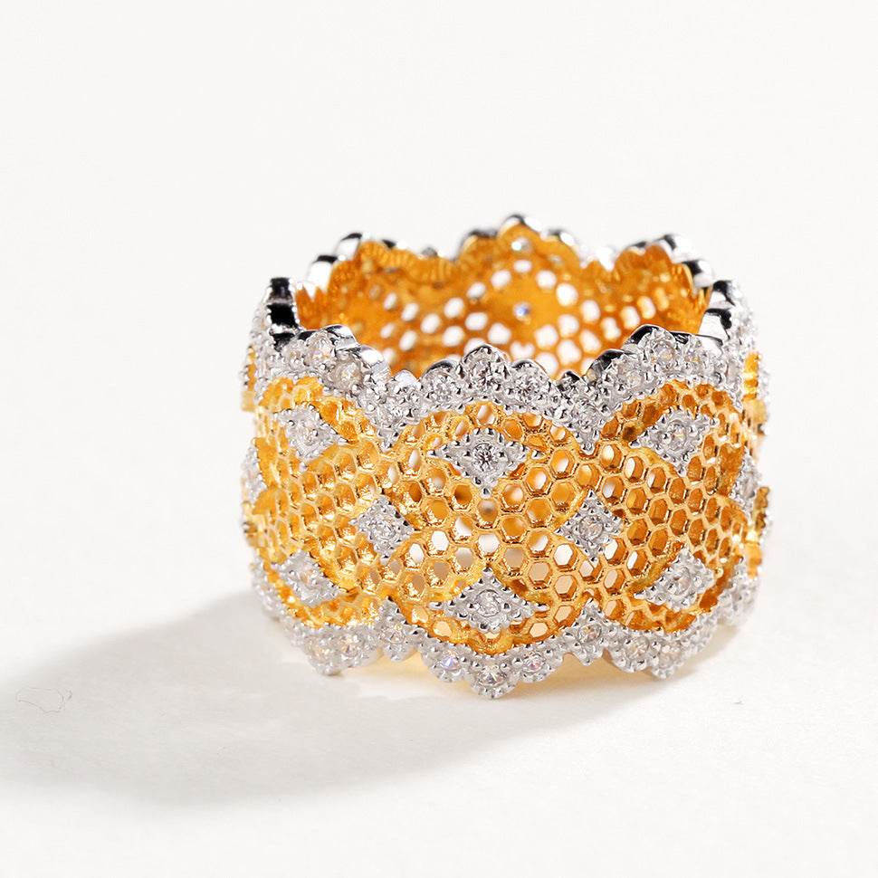 Honeycomb Hollow Ring – 925 Silver Gold-Plated Elegance for Women ladys ring Distinguished Fine Apparel