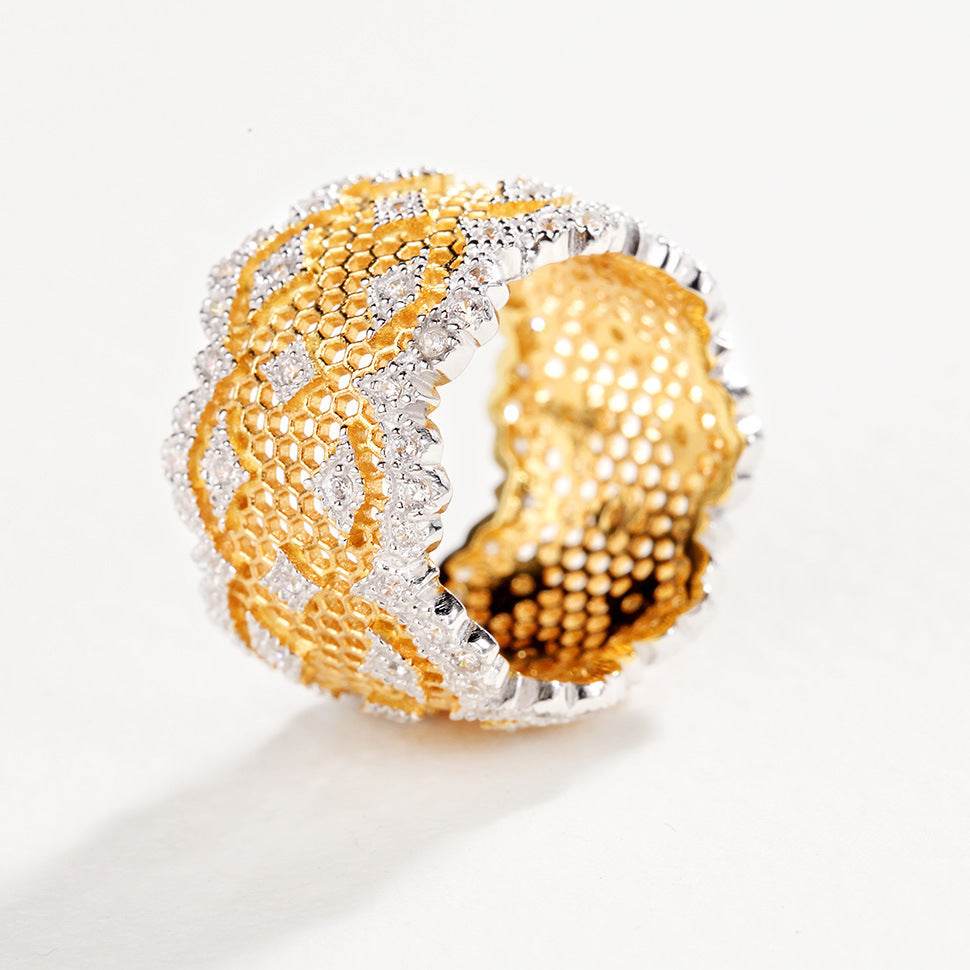 Honeycomb Hollow Ring – 925 Silver Gold-Plated Elegance for Women ladys ring Distinguished Fine Apparel