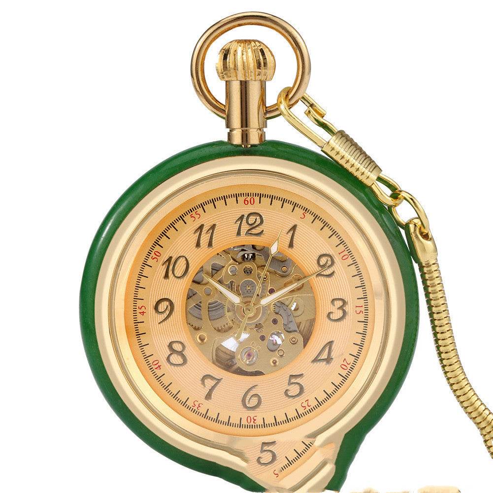 Vintage Gold Inlaid Green Jade Pocket Watch – Automatic Mechanical Timepiece gents watches Distinguished Fine Apparel