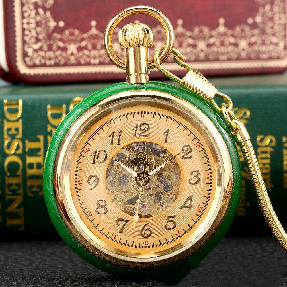 Vintage Gold Inlaid Green Jade Pocket Watch – Automatic Mechanical Timepiece gents watches Distinguished Fine Apparel Green