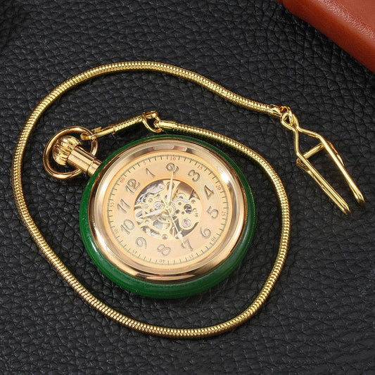 Vintage Gold Inlaid Green Jade Pocket Watch – Automatic Mechanical Timepiece gents watches Distinguished Fine Apparel