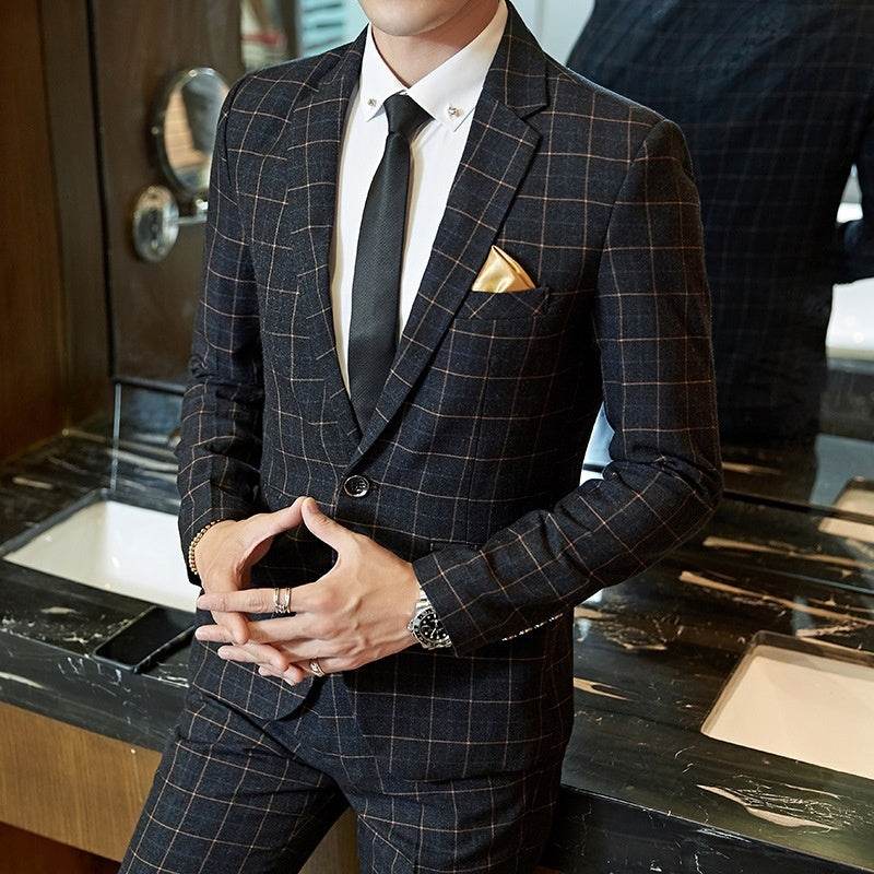 Men's Korean-style Business Suit Slim-fit Plaid Casual Wear gents suit Distinguished Fine Apparel Gray Suit L