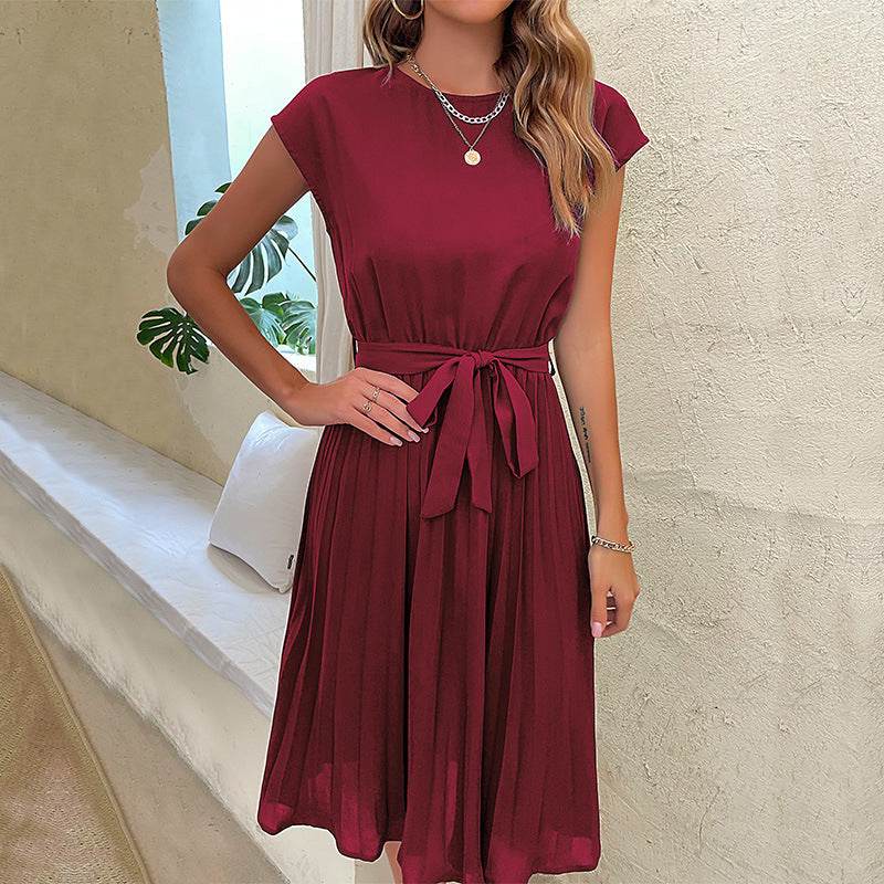 Summer Pleated Beach Dress - Short-Sleeved Ladies Elegance dresses Distinguished Fine Apparel Wine Red 2XL