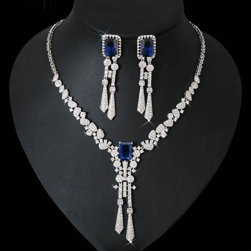 Full Diamond Flower Zircon Jewelry Set – Elegant Necklace & Earrings jewelry set Distinguished Fine Apparel Blue Zirconium