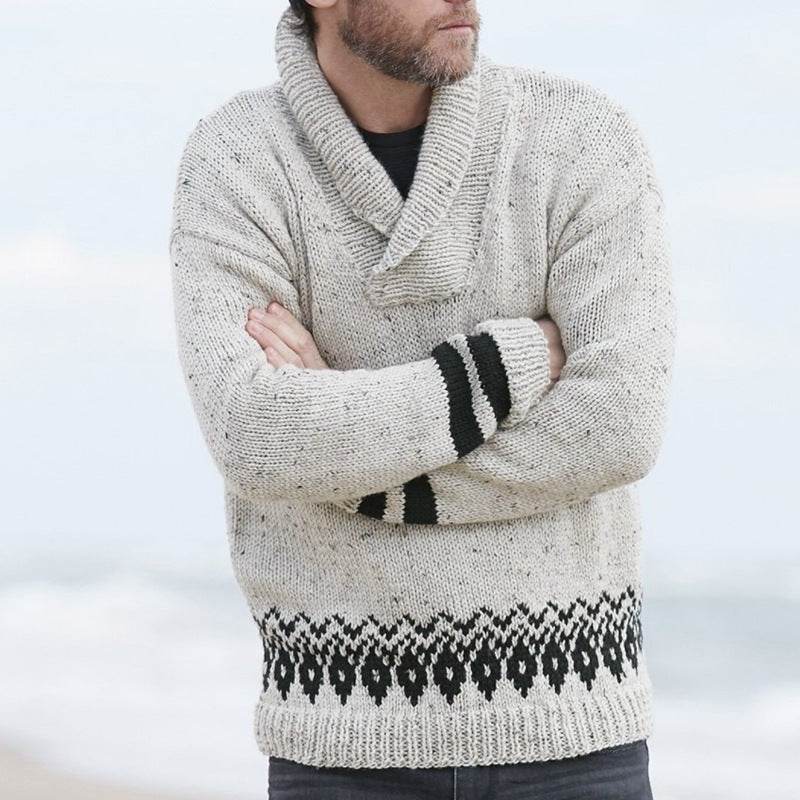 European And American Men's Long Sleeve Pullover Lapel gent top Distinguished Fine Apparel Off White L