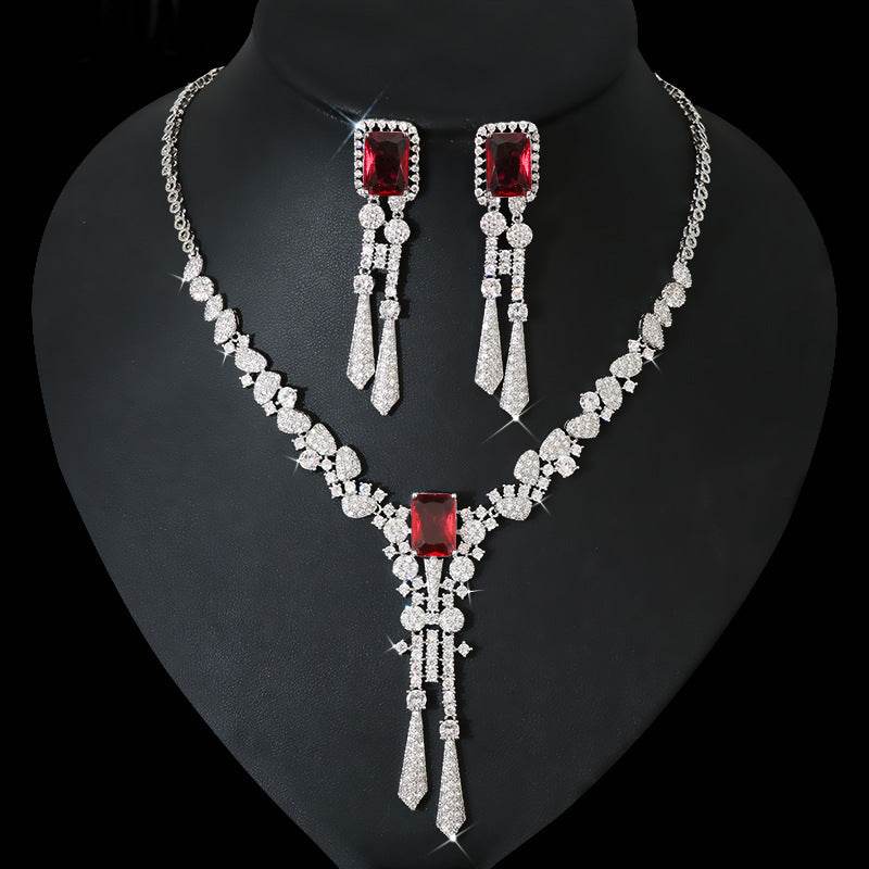 Full Diamond Flower Zircon Jewelry Set – Elegant Necklace & Earrings jewelry set Distinguished Fine Apparel Red Zirconium