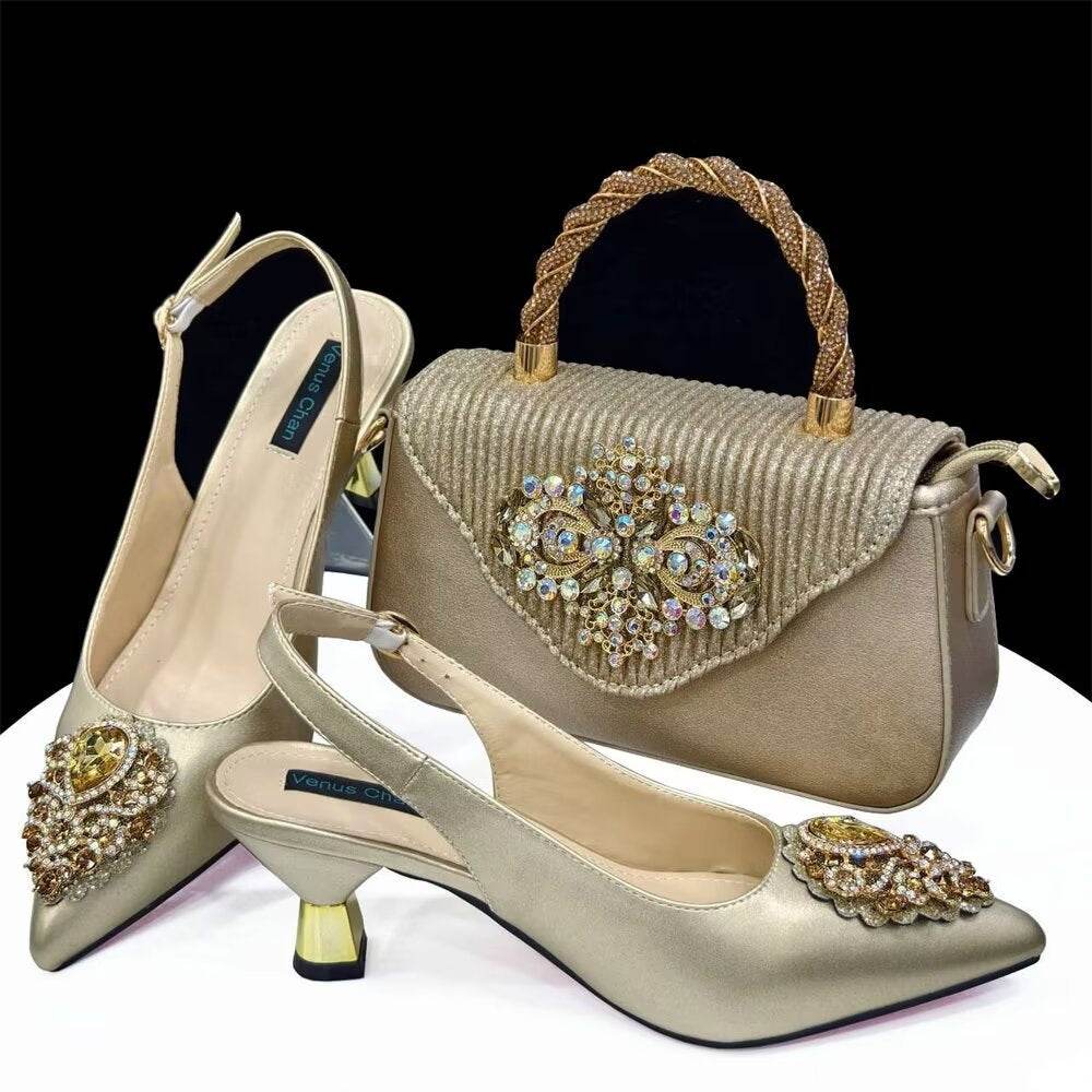 French Chic Sling-back Heels & Bag Set – Pointed Toe Elegance for Everyday Style ladys foot wear Distinguished Fine Apparel Gold 37