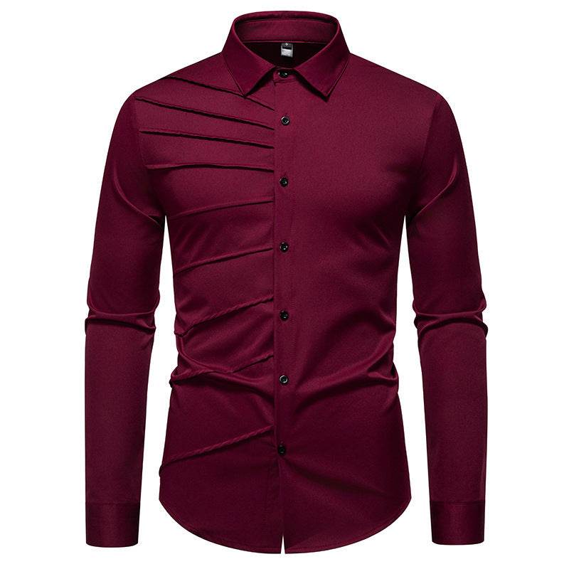 Men's Pleated Design Casual Long sleeved Shirt mens shirt Distinguished Fine Apparel Wine Red S