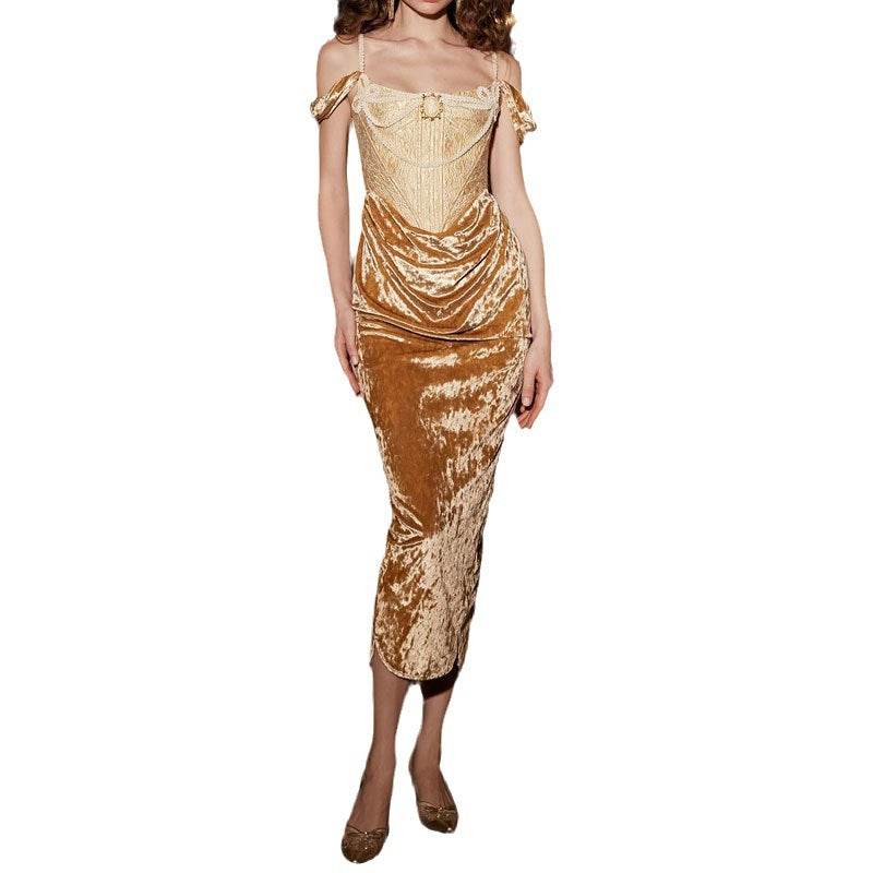 Women's Exotic Gold Jacquard Suspender Dress – Fishbone Stitching Design ladys gown Distinguished Fine Apparel Gold L