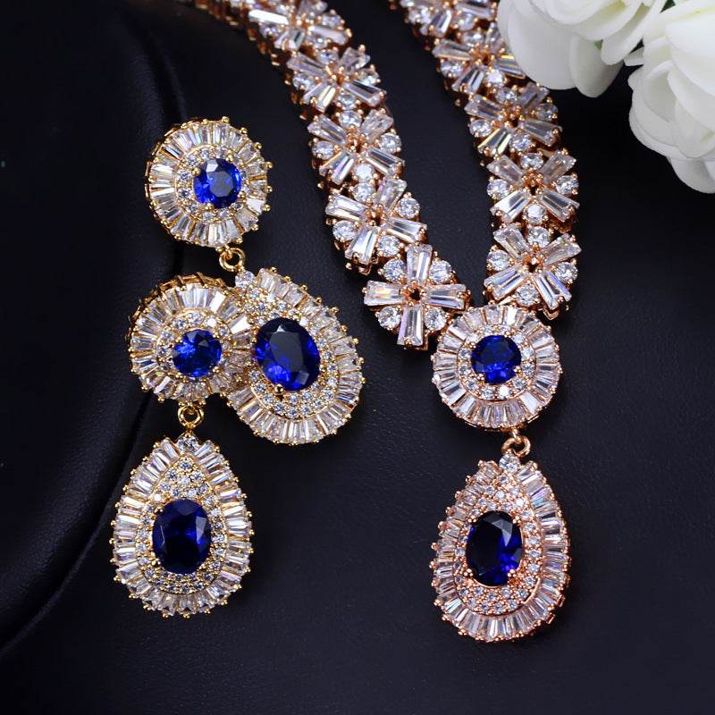 Elegant Zircon Necklace & Earrings Set – Classic Two-Piece Jewelry for Women jewelry set Distinguished Fine Apparel Golden Blue
