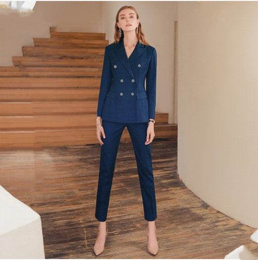 Ladies High-end Professional Dark Green Plaid Suit ladys suit Distinguished Fine Apparel Dark Blue Plaid Suit Coat and Pants S