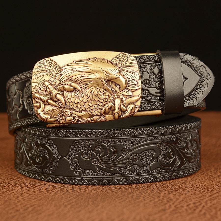Men's Personalized Carved Eagle Automatic Buckle Belt formal wear Distinguished Fine Apparel Black Gold Buckle 110cm