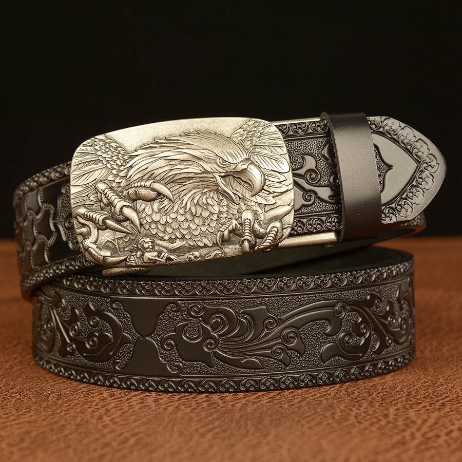 Men's Personalized Carved Eagle Automatic Buckle Belt formal wear Distinguished Fine Apparel Black Silver Buckle 110cm