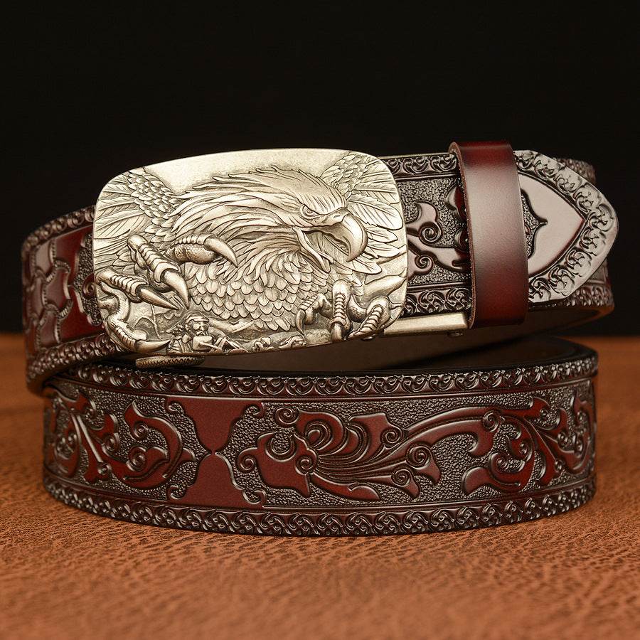 Men's Personalized Carved Eagle Automatic Buckle Belt formal wear Distinguished Fine Apparel Brown Silver Buckle 110cm