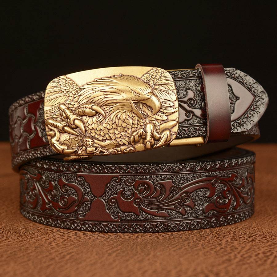 Men's Personalized Carved Eagle Automatic Buckle Belt formal wear Distinguished Fine Apparel Brown Gold Buckle 110cm