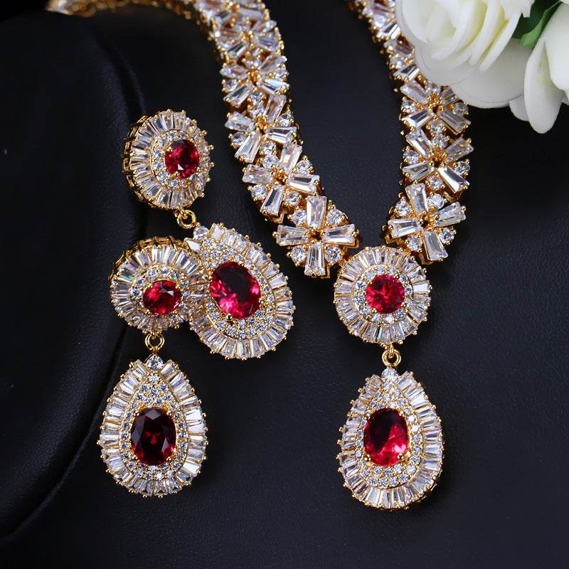 Elegant Zircon Necklace & Earrings Set – Classic Two-Piece Jewelry for Women jewelry set Distinguished Fine Apparel Golden red