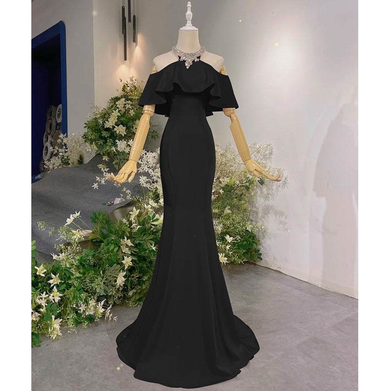 Exquisite Elegant Ladies Formal Evening Gown - Maxi, Halter, Off Shoulder ladys gown Distinguished Fine Apparel Black XS