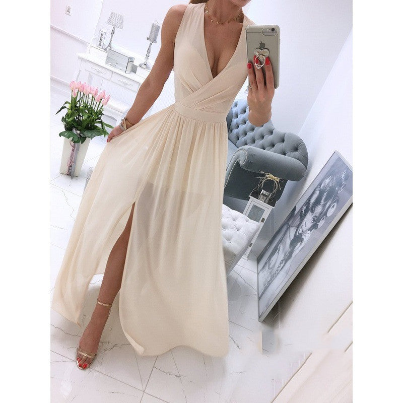 Women's Summer Sleeveless And Ankle Skirt - White - V-neck, Front Split, Long Dress ladys dresses Distinguished Fine Apparel Apricot 2XL