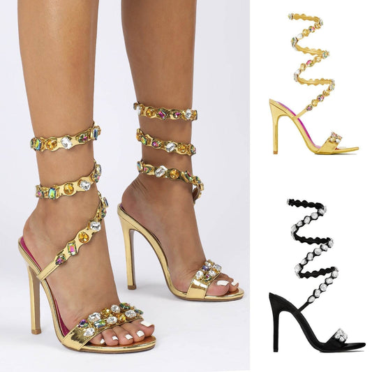 Black & Gold Satin Rhinestone Stiletto Sandals – 11cm Summer Rivet Heels ladys foot wear Distinguished Fine Apparel