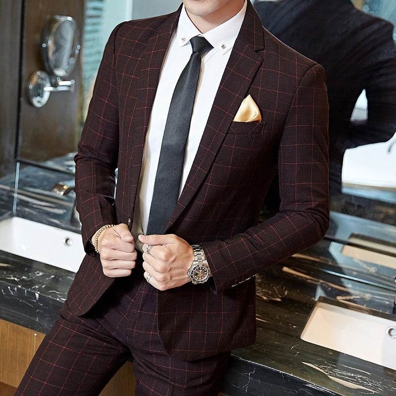 Men's Korean-style Business Suit Slim-fit Plaid Casual Wear gents suit Distinguished Fine Apparel Wine Red Coat only L